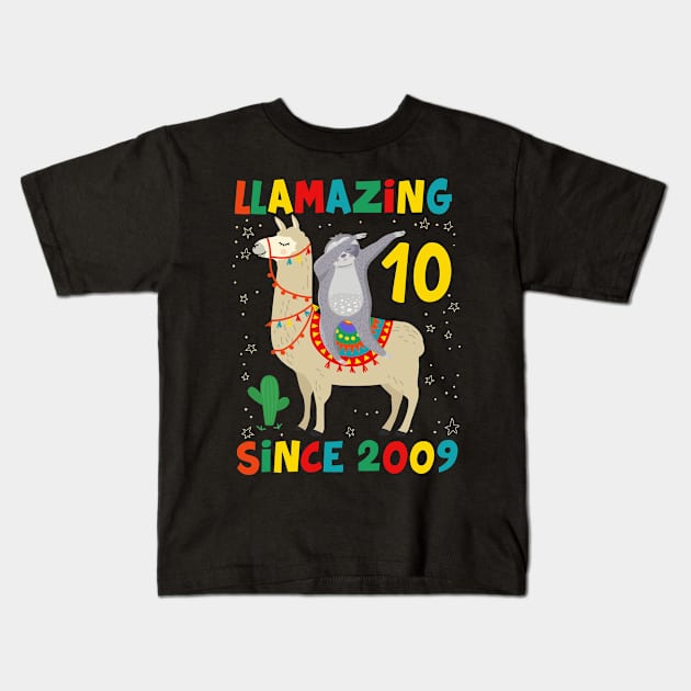 10 Years Old 10th Birthday Sloth Riding Llama Girls Kids T-Shirt by folidelarts